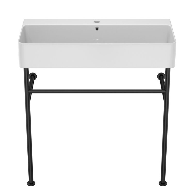 32" Bathroom Console Sink With Overflow, Ceramic Console Sink White Basin Black Legs