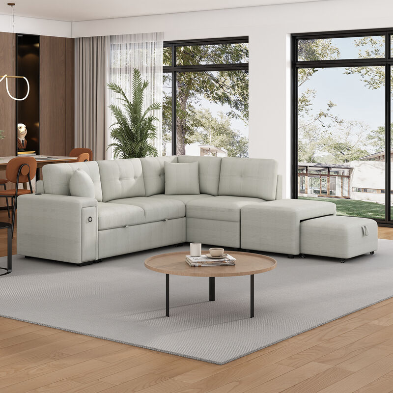 86.6" Sectional Sofa L-shaped Sofa Couch Pull-out Sofa Bed with a Movable Ottoman, Two USB Ports  and Two Cup Holders for Living Room, Beige
