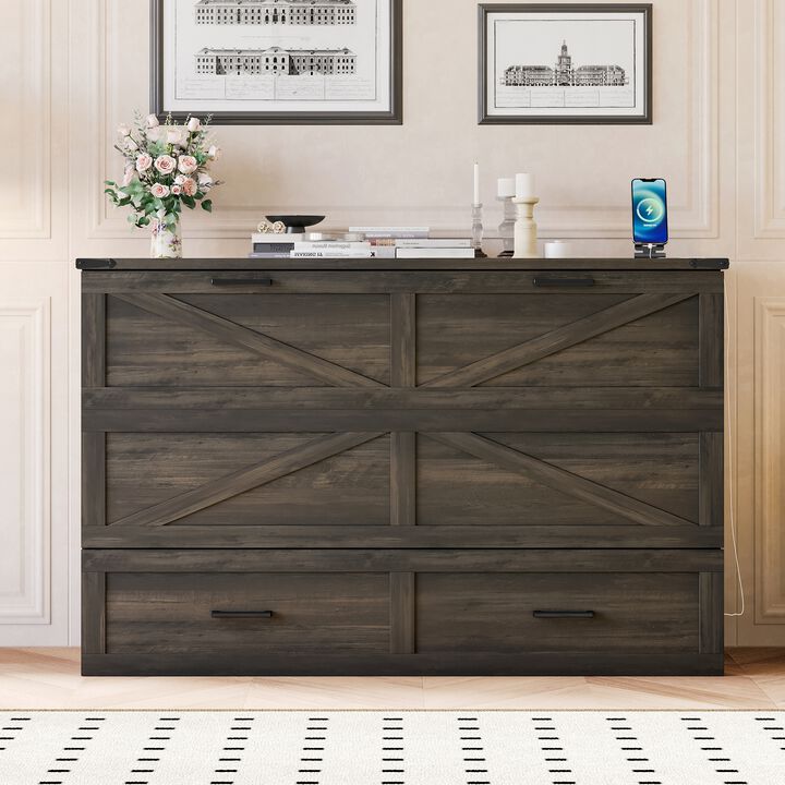 Merax Farmhouse Murphy Cabinet Bed with Charging Station