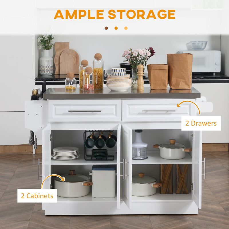 White Kitchen Helper: Portable Cart with Stainless Steel Top