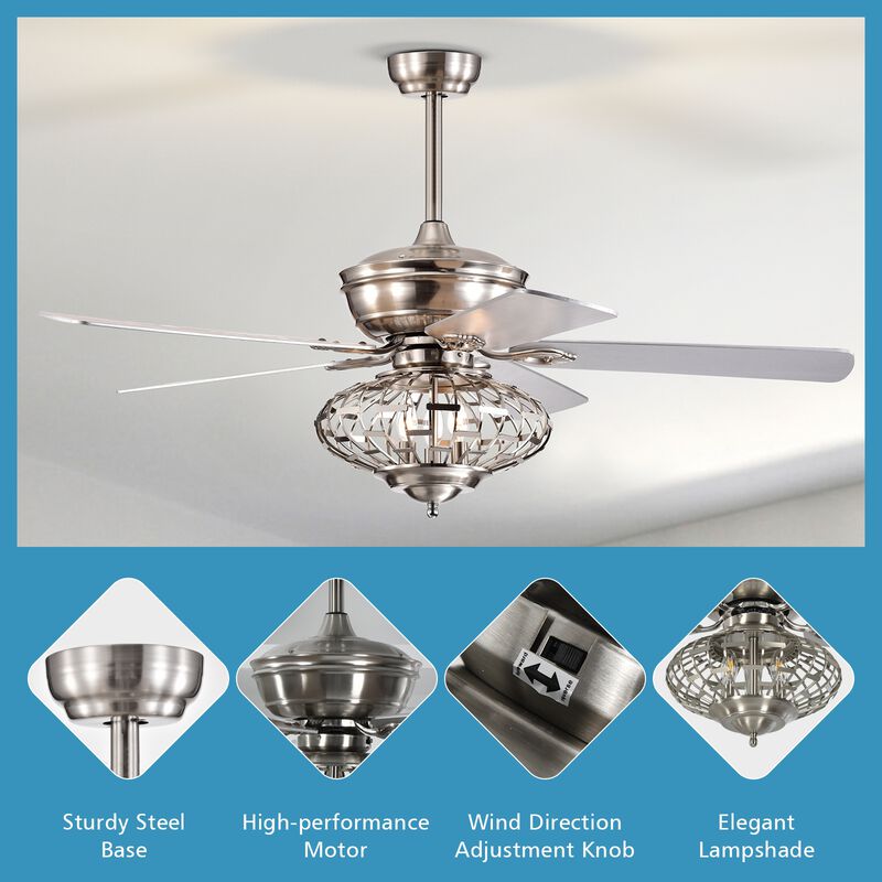 52 Inches Ceiling Fan with Wooden Blades and Remote Control-Silver