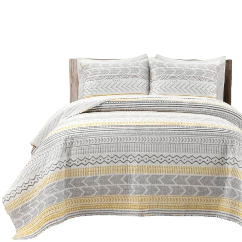Hivvago King Scandinavian Grey/Yellow/White Chevron Stripe Reversible Cotton Quilt Set