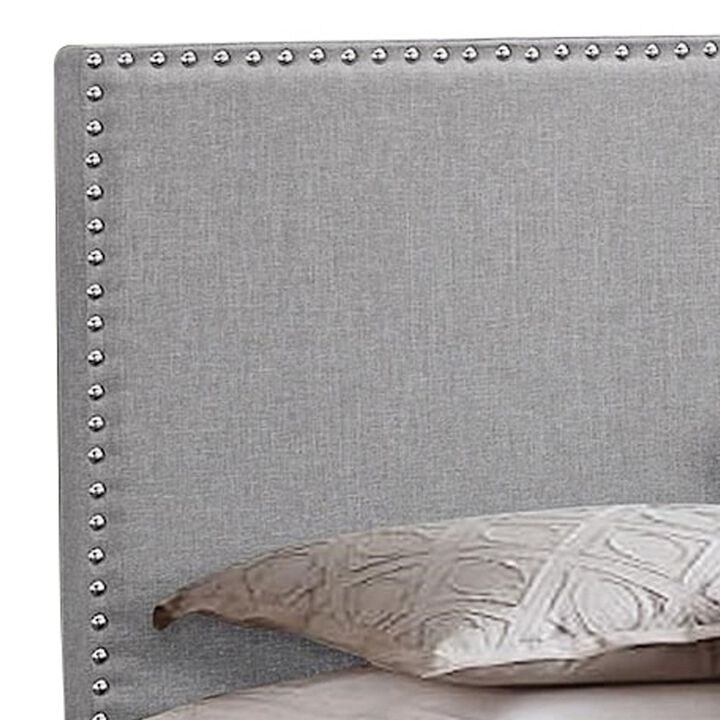Shirin Twin Size Bed, Wood, Nailhead Trim, Upholstered Headboard, Gray - Benzara