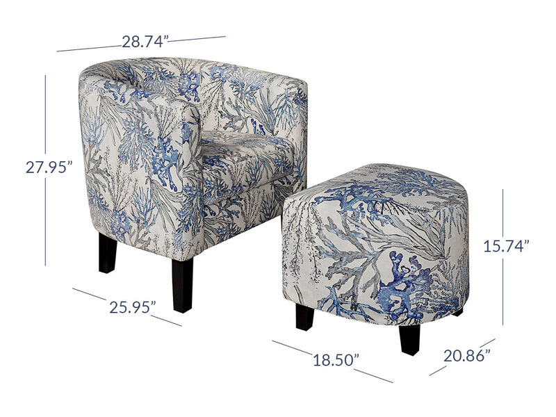 BELLEZE Accent Chair with Ottoman, Curved Back Living Room Chair, Stylish Barrel Club Chair and Footrest Set, Upholstered Round Tub Reading Chair for Bedroom - Lydia (Blue Coral)
