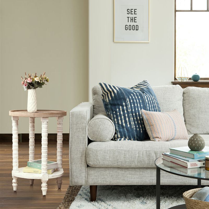 LuxenHome White and Natural Wood Round Accent Side Table with Storage