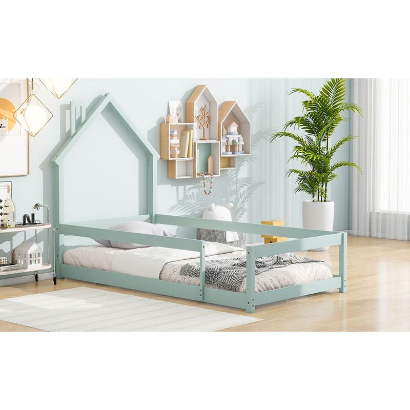 Twin Size Wood Bed With House-Shaped Headboard Floor Bed With Fences, Light Green