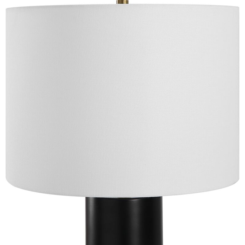 27 Inch Table Lamp, White Round Hardback Drum Shade, Black, Gold Accents - Benzara