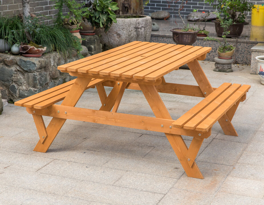 Outdoor Wooden Patio Deck Garden 6-Person Picnic Table, for Backyard, Garden, Stained