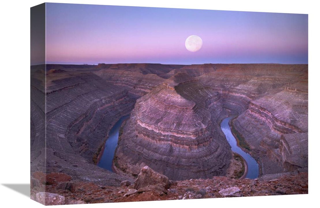 Moon over San Juan River flowing through Goosenecks, Utah-Canvas Art-16x12