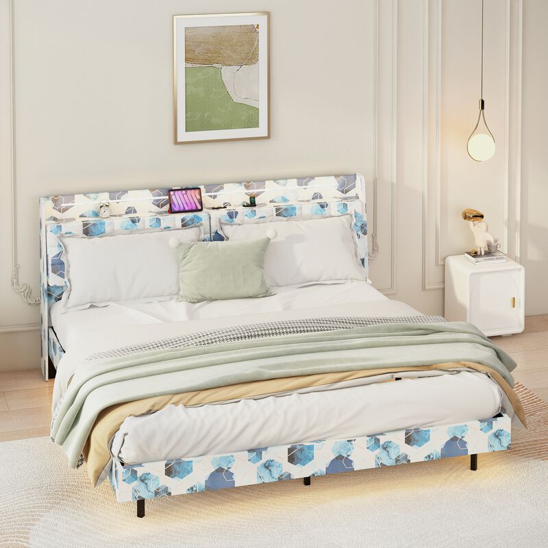 MONDAWE King Floating Bed Frame with LED Light and Charging Station with Headboard and Hidden Storage Space
