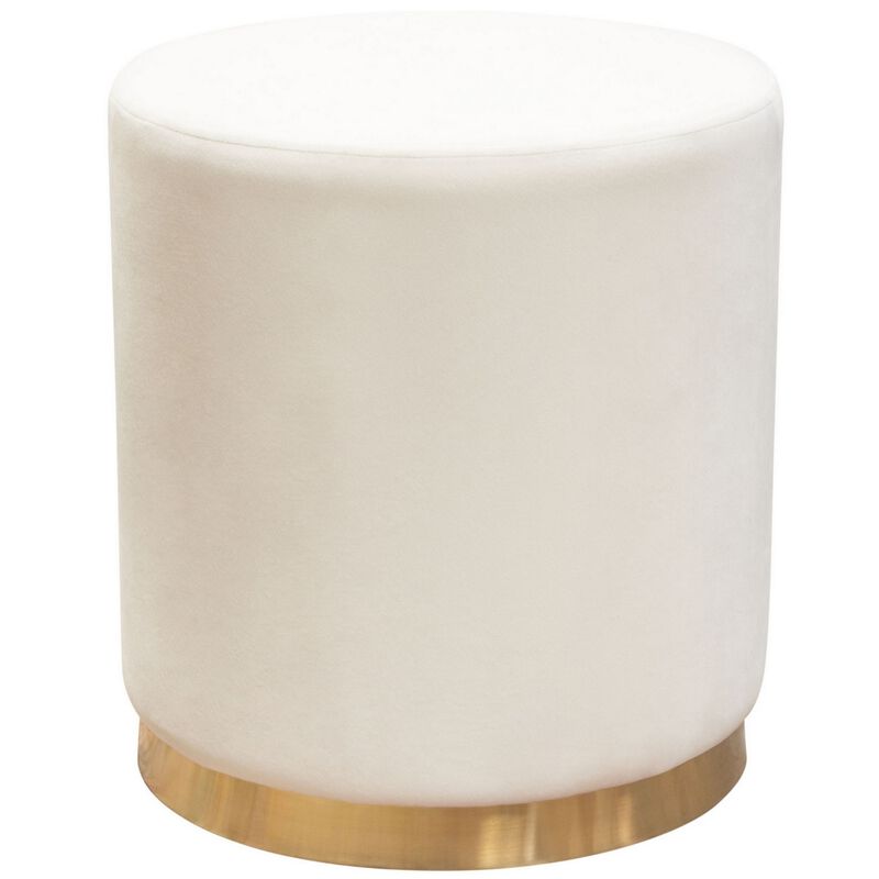 Himo 19 Inch Round Padded Ottoman, Gold Metal Base, Cream Velvet Upholstery - Benzara