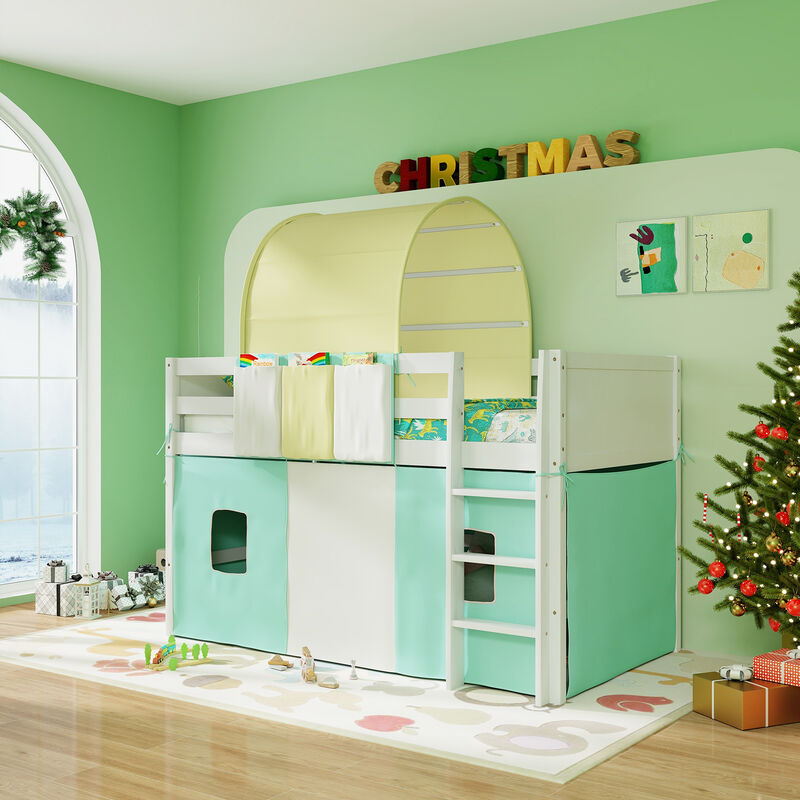 Loft Bed Playhouse Bed Frame with Tower Tent and 3 Storage Pockets