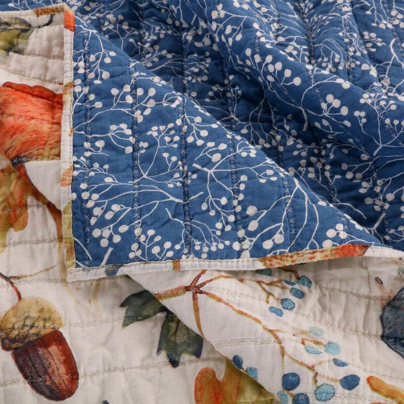 Hivvago King 3 Piece Blue Beige Birds Animals Floral Microfiber Reversible Quilt Set