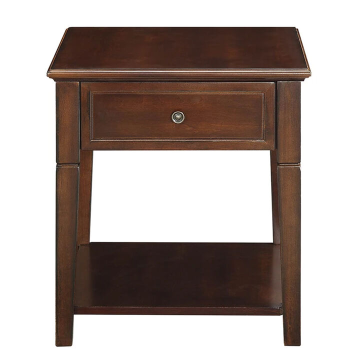 Wooden End Table with One Drawer and One Shelf, Walnut Brown-Benzara