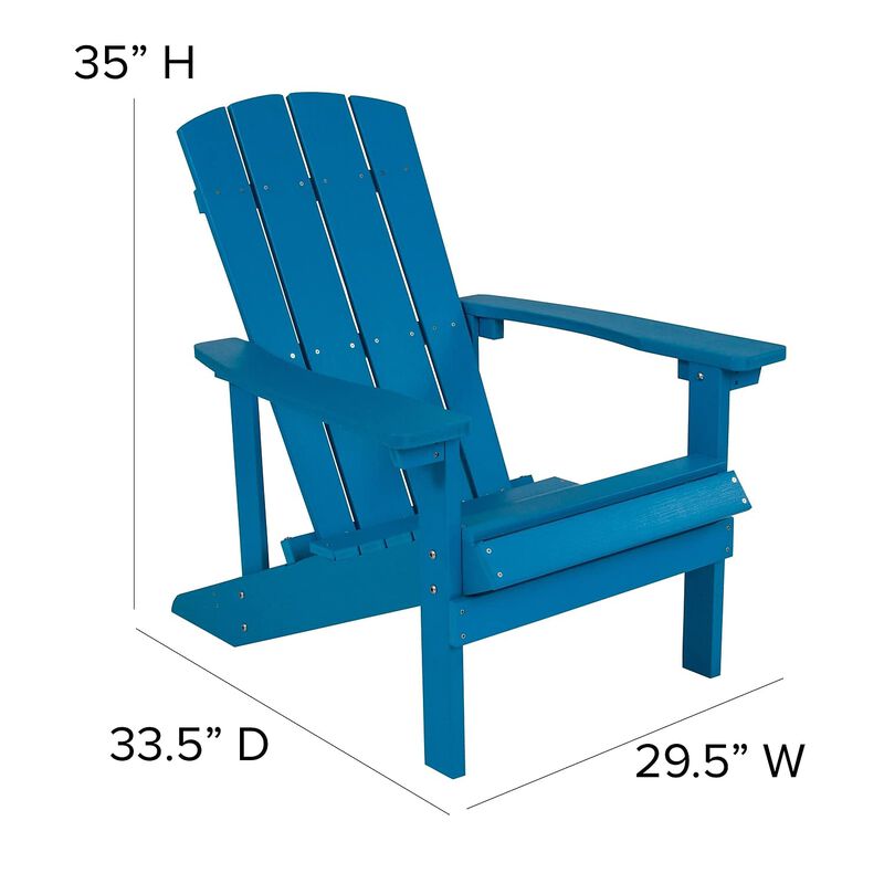 Flash Furniture 5 Piece Commercial Charlestown Adirondack Chair Set with Fire Pit - 4 Blue Poly Resin Wood Chairs - Star and Moon Fire Pit with Mesh Cover