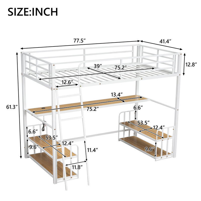 Merax Metal Loft Bed with Desk and Storage Shelves