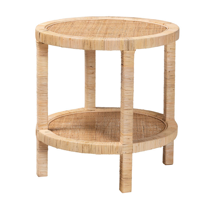 Baxton Studio Bella Modern Bohemian Natural Mahogany Wood and Natural Rattan 2 Tier End Table