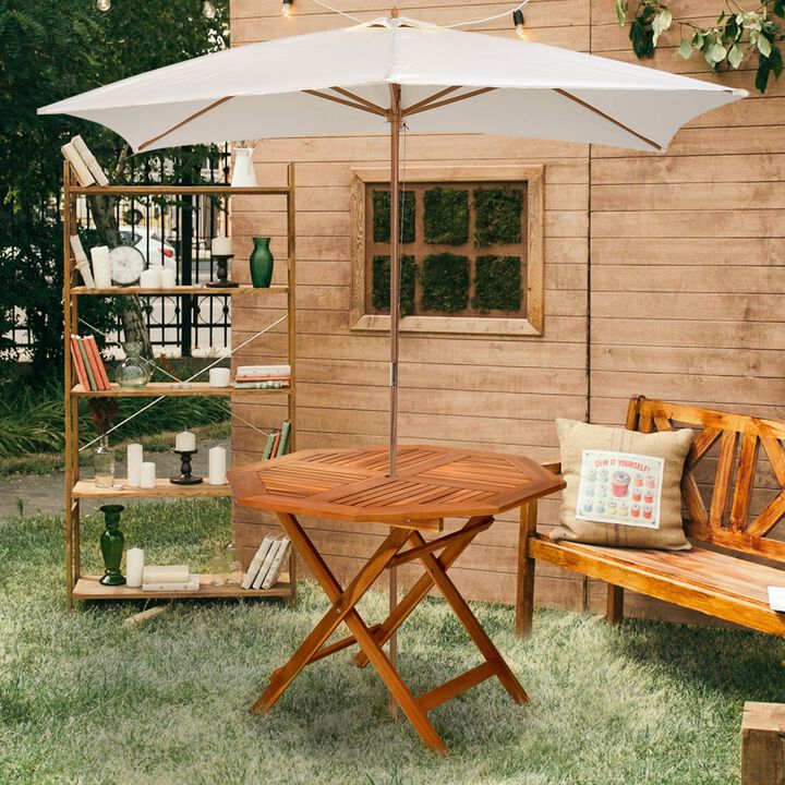 Teak Outdoor Dining: 39" Octagon Acacia Wood Patio Table with Umbrella Hole