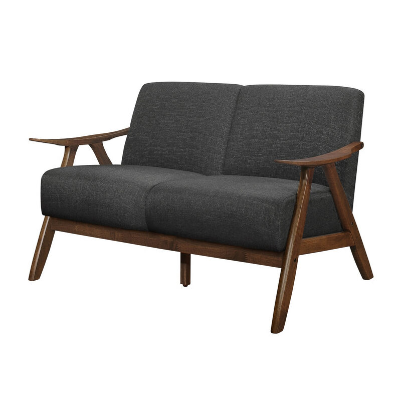 Indy 51 Inch Loveseat, Brown Rubberwood Angled Frame, Textured Gray Fabric - Benzara