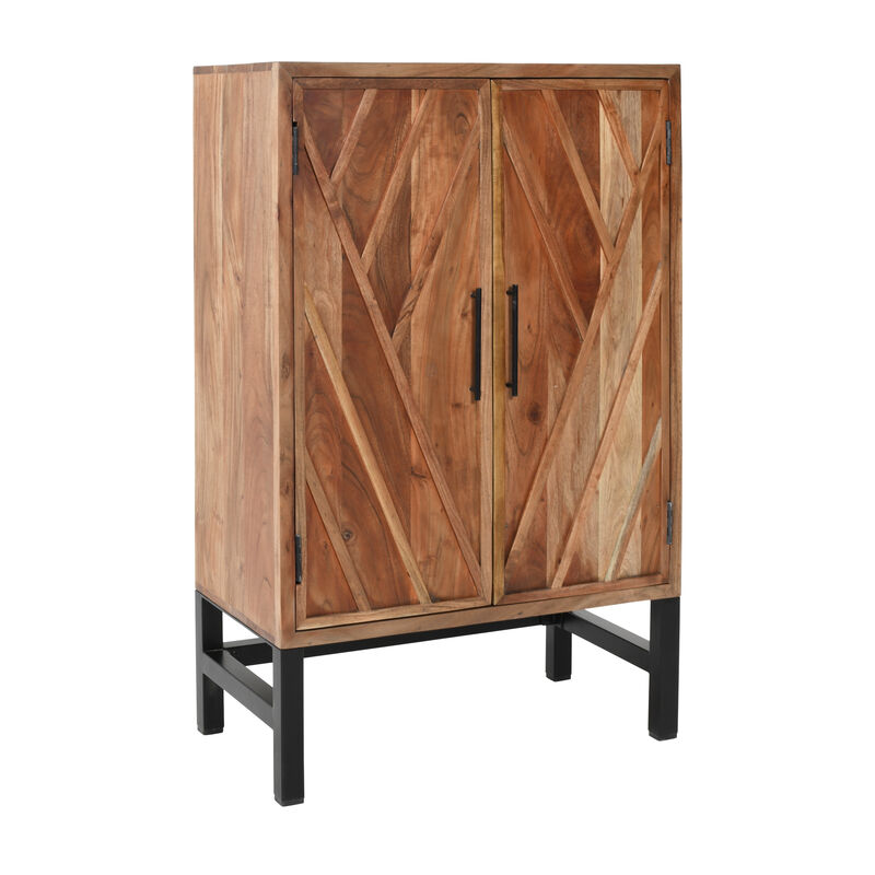 30 Inch Storage Cabinet, Handcrafted Rustic Brown Acacia Wood, Black Iron Legs