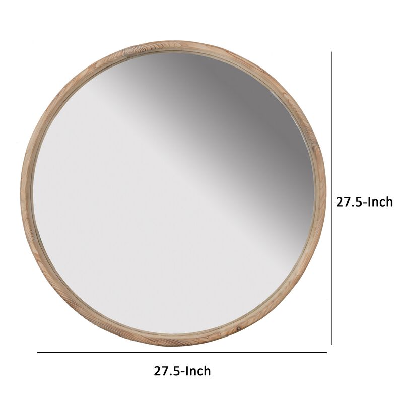 28 Inch Round Wall Mount Accent Mirror, Natural Fir Wood with Subtle Grains-Benzara
