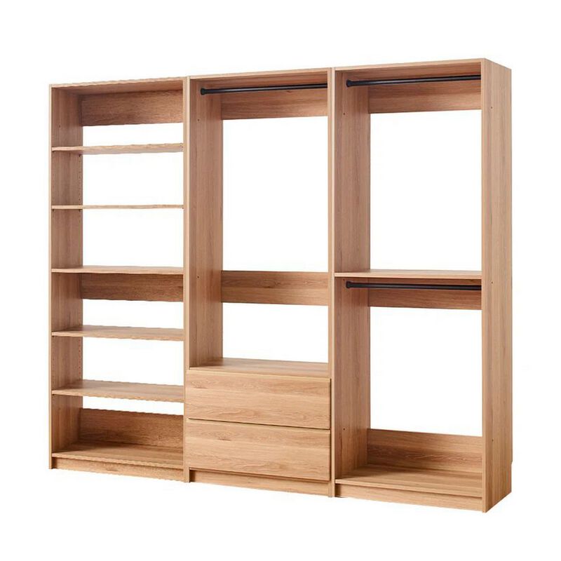 Dee Modular Closet System, 5 Floating Shelves, 2 Drawers, Oak Brown Wood - Benzara