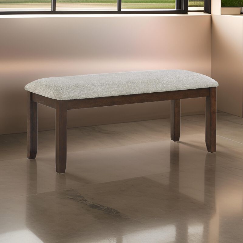 Humpty 43 Inch Bench, Gray Polyester Upholstery, Cherry Brown Solid Wood - Benzara