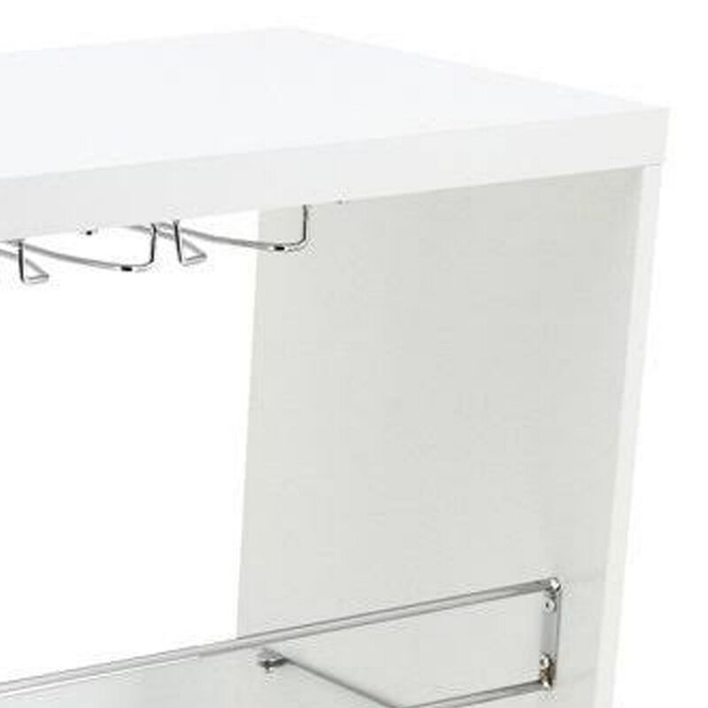 Zaina 42 Inch Modern Bar Table, 3 Shelves, Tempered Glass, White, Chrome - Benzara