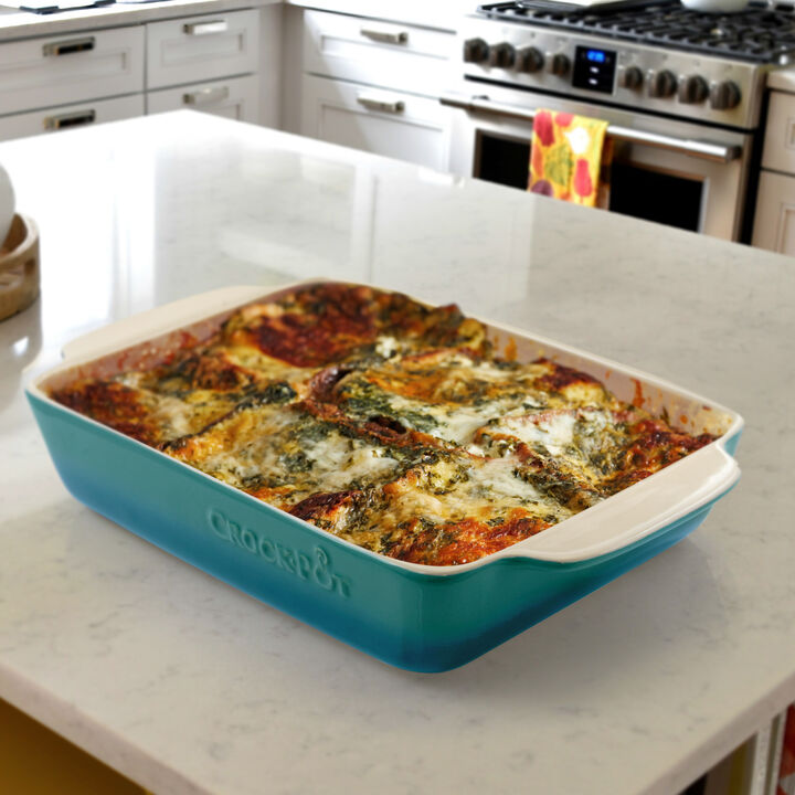 Crock Pot Artisan 4 Quart Rectangular Stoneware Bake Pan in Gradient Teal