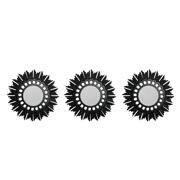 Set of 3 Floral Sunburst Matte Black Round Mirrors 9.5