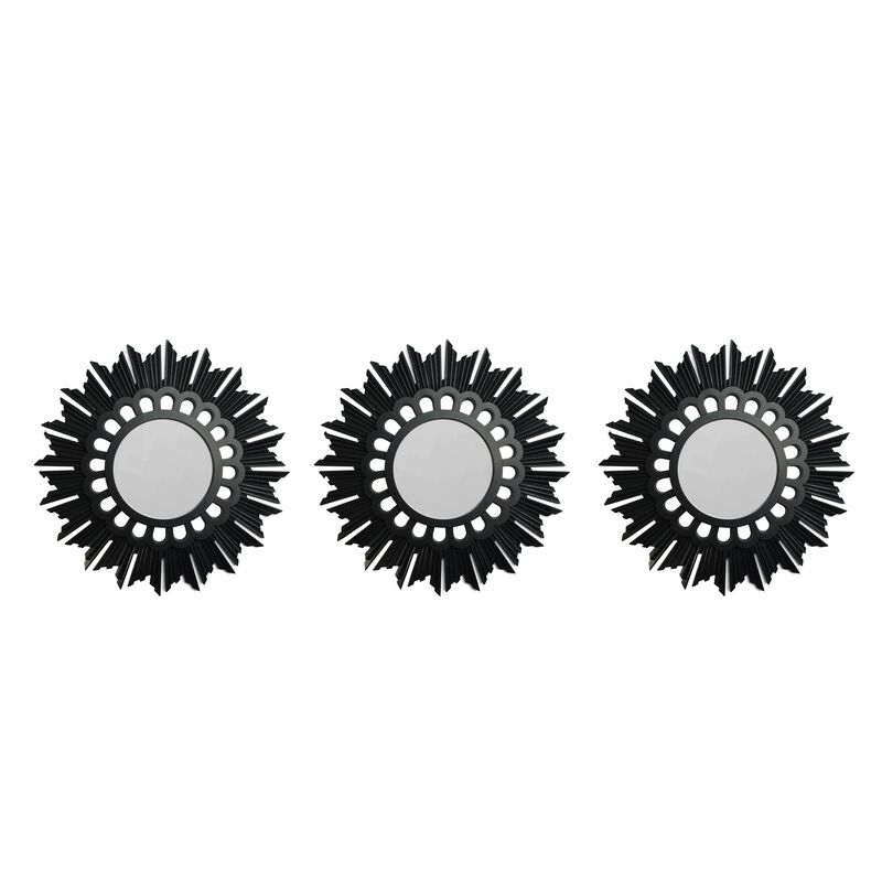 Set of 3 Floral Sunburst Matte Black Round Mirrors 9.5
