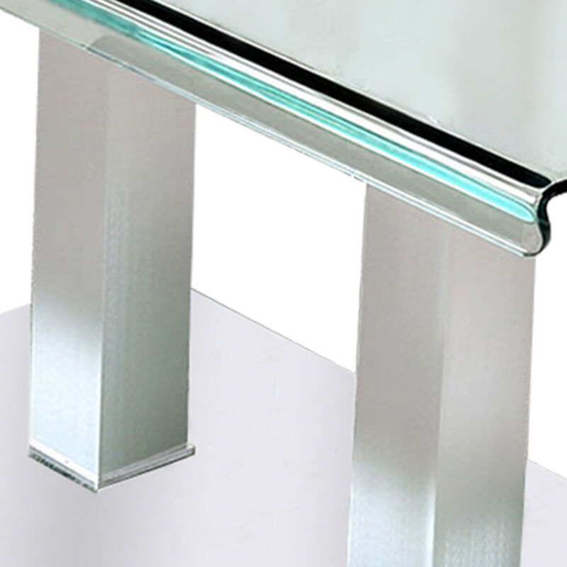 Metal and Glass Dining table with Dual Post Pedestal base, Chrome - Benzara
