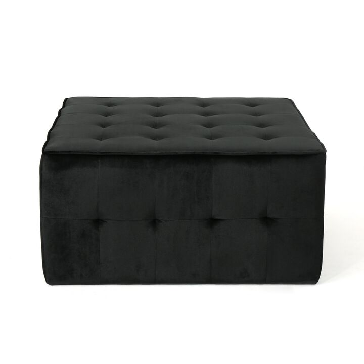 Ottoman, Tufted Soft Black Velvet, Iron Frame, Square 31 Inch Top - Benzara