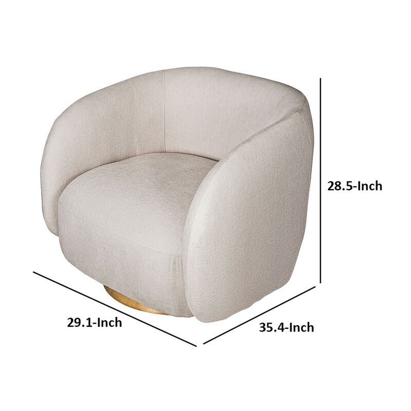 Eros 35 Inch Swivel Accent Chair, Plush White Fabric Upholstery, Gold Base - Benzara