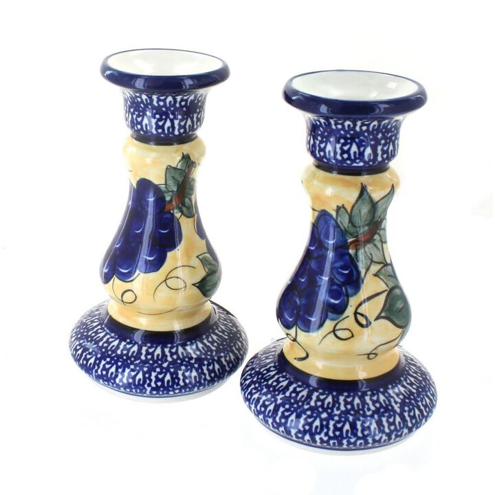Blue Rose Polish Pottery Grapes Candlestick Pair with Cobalt Trim