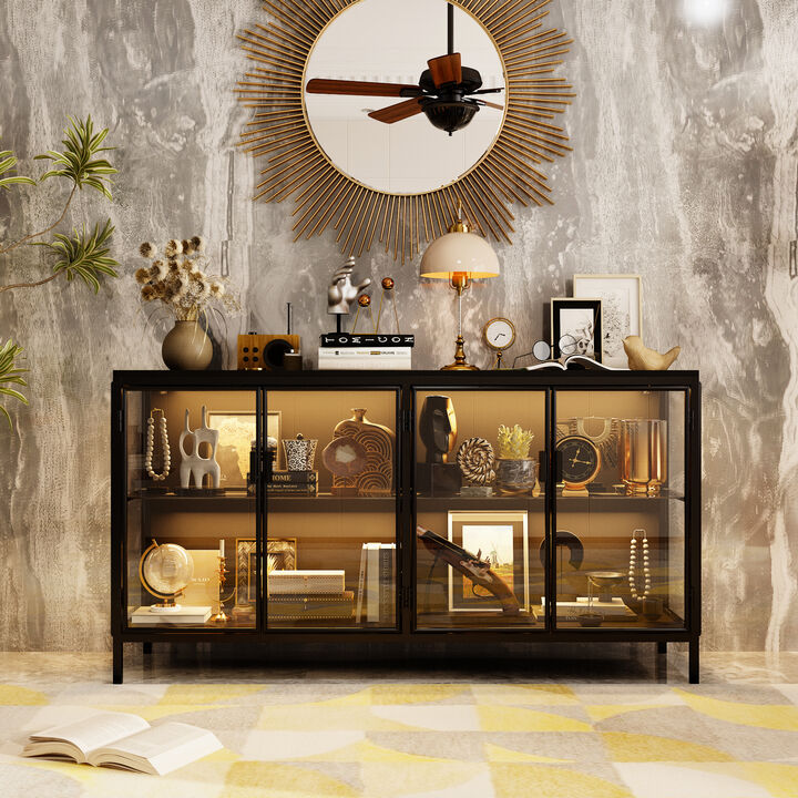 FUFU&GAGA  Modern Industrial Black Metal & Glass Storage Cabinet – 4-Door Tempered Glass Display with Sturdy Wood Shelves, (55.1" W x 15.7" D x 29.5" H), Black