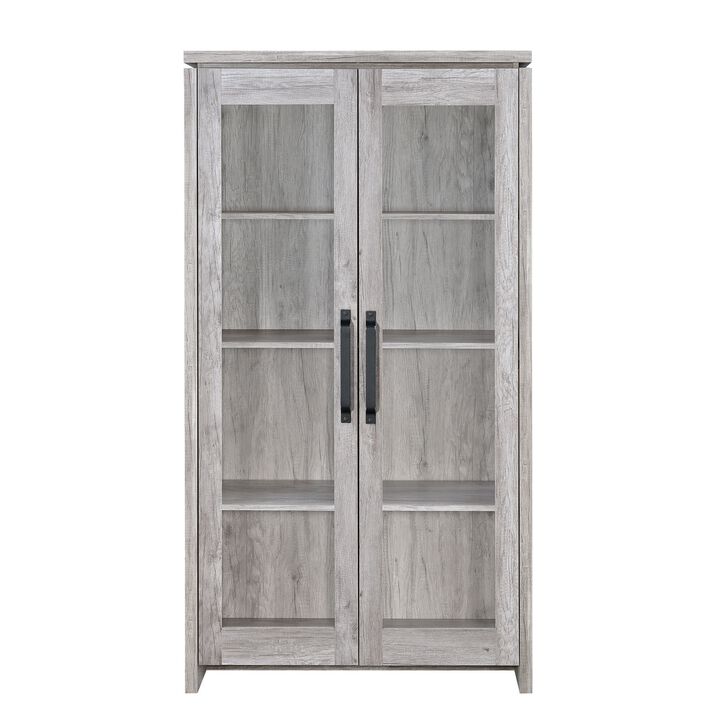 Spacious Wooden Curio Cabinet With Two Glass Doors,  Gray-Benzara