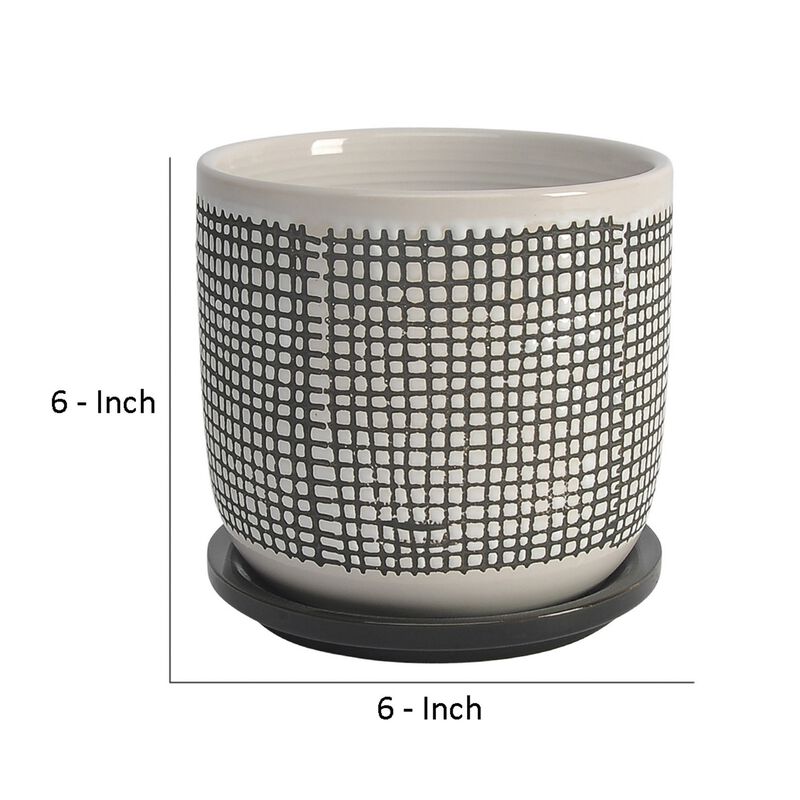 Ceramic Planter with Mesh Design and Saucer, Gray-Benzara
