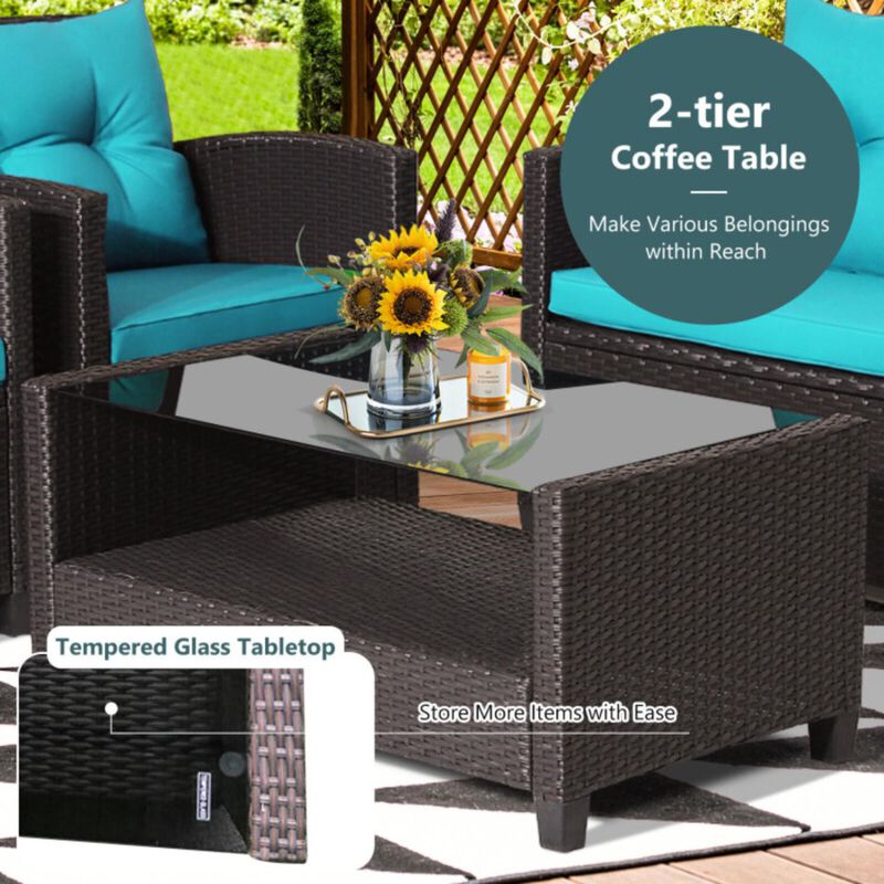 Hivvago 4 Pieces Patio Rattan Furniture Set with Tempered Glass Coffee Table