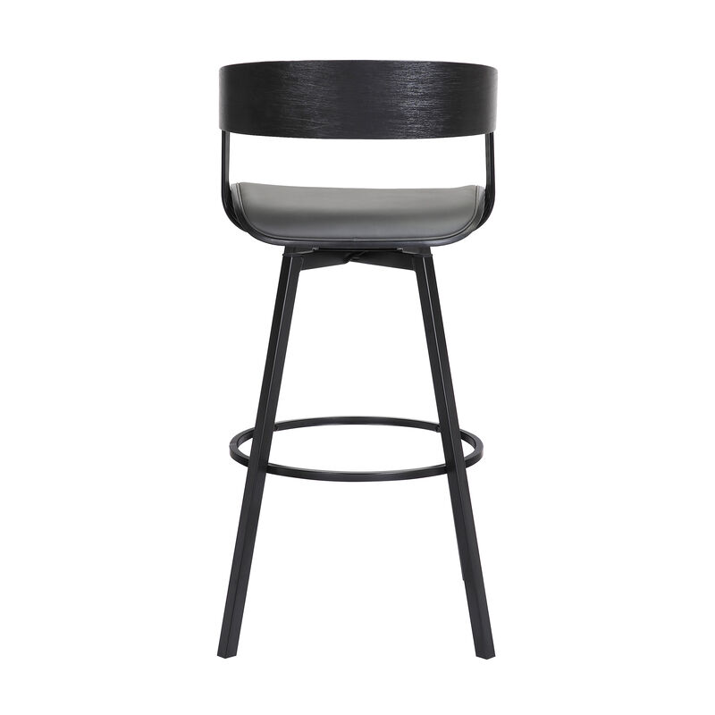 Athena Swivel Black Wood Counter Stool in Grey Faux Leather with Black Metal