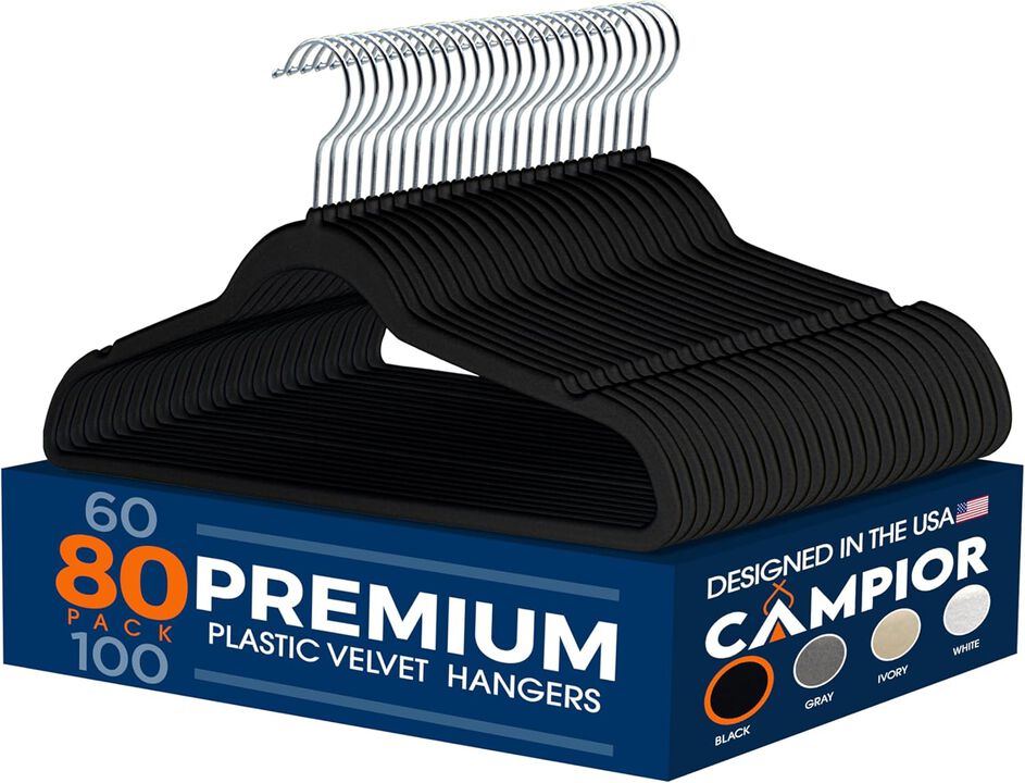 Premium Velvet Non-Slip Hangers for Clothes - Heavy Duty Coat Hanger Set with 360° Swivel Hook, Lightweight, Luxurious Velvet Finish, Versatile Hangers for Any Closet, Pack of 80 - Black