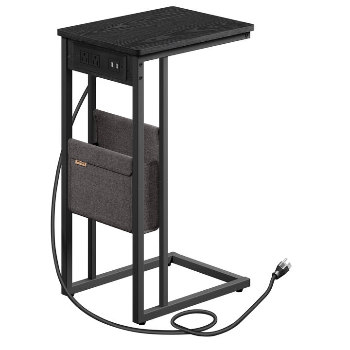 C-Shaped Side Table, End Table with Charging Station, 2 USB Ports and Outlets