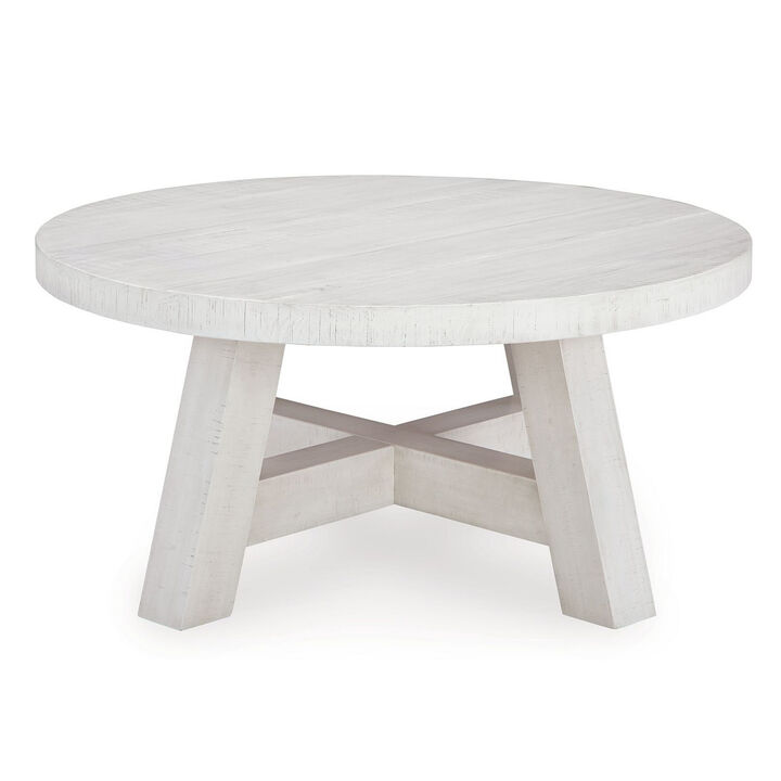 Linie Round Cocktail Coffee Table, Rustic Posts, 40 Inch White Pine - Benzara