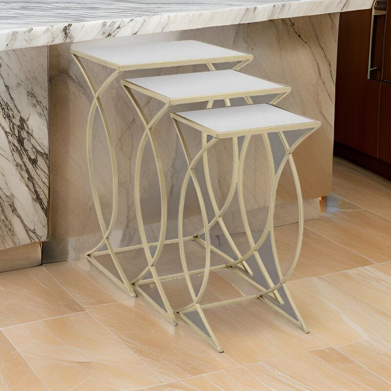 Rikki Plant Stand Table Set of 3, Curved Base, Modern Champagne Metal - Benzara