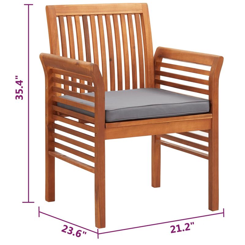 Outdoor Dining Chair Set of 4, Slatted Brown Acacia Wood, Gray Fabric - Benzara