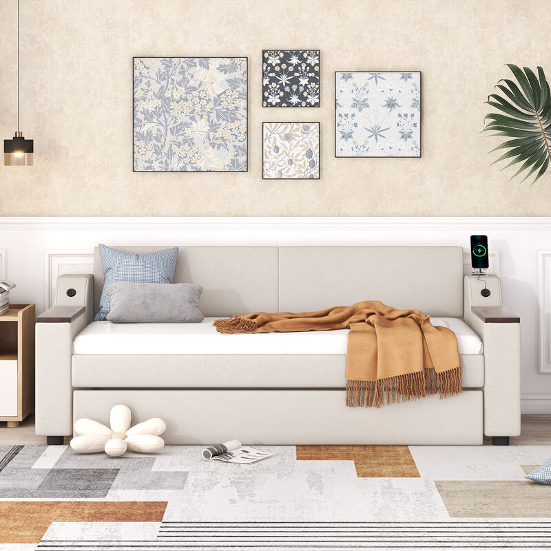 Merax Upholstery Daybed with Trundle and USB Port