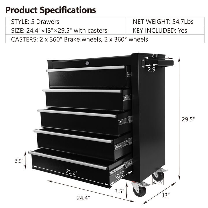 5-Drawer Multifunctional Tool Cart with Wheels for Mobile Garage & Workshop Storage