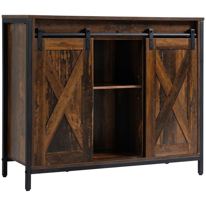 Rustic Brown Dining: Industrial Buffet with Sliding Barn Doors