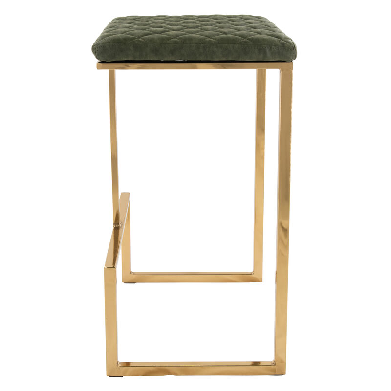 LeisureMod Quincy Stitched Leather Gold Metal Bar Stools in Olive Green