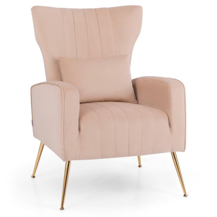 Hivvago Velvet Upholstered Wingback Chair with Lumbar Pillow and Golden Metal Legs